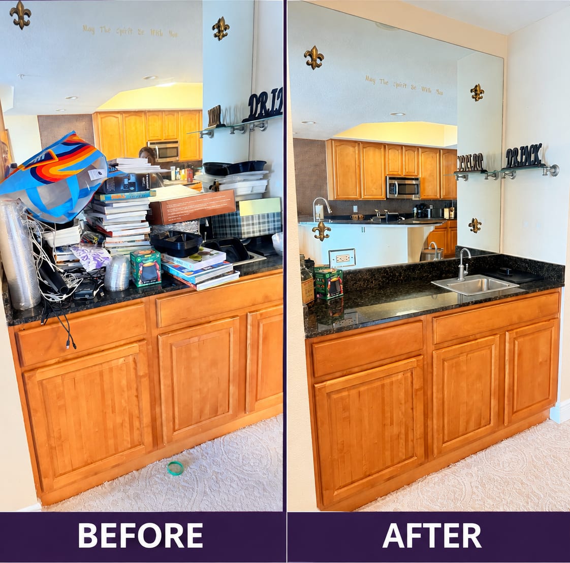 Before and after: a kitchen bar counter buried in boxes, books and cords, cleared and wiped down by Queen Clean Services