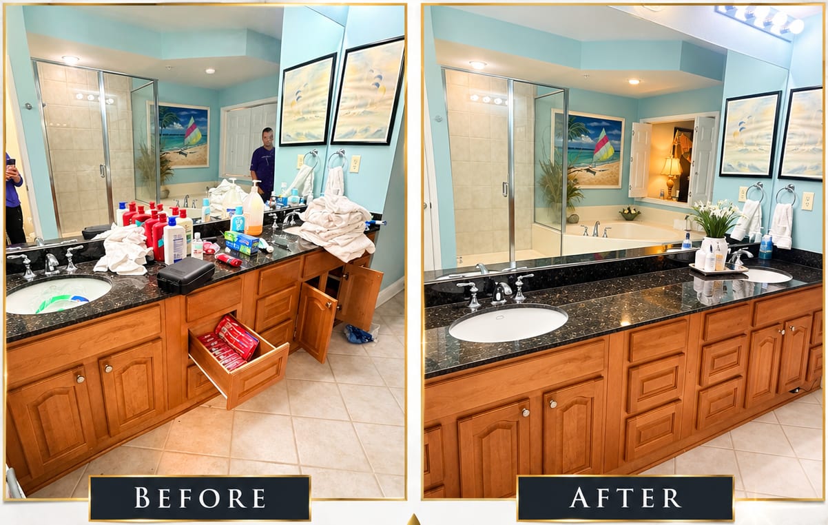 Before and after: a cluttered double vanity with open drawers, cleared and polished by Queen Clean Services