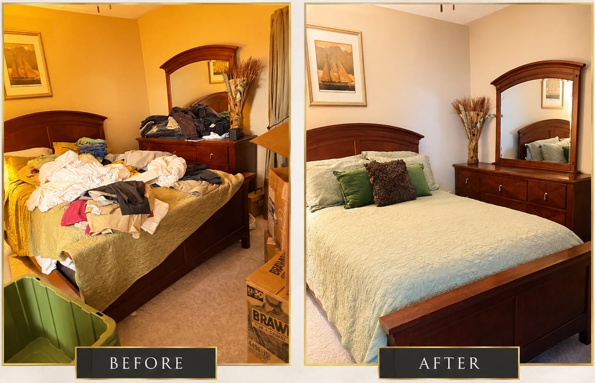 Before and after: a bedroom piled with laundry and boxes, picked up with the bed made by Queen Clean Services