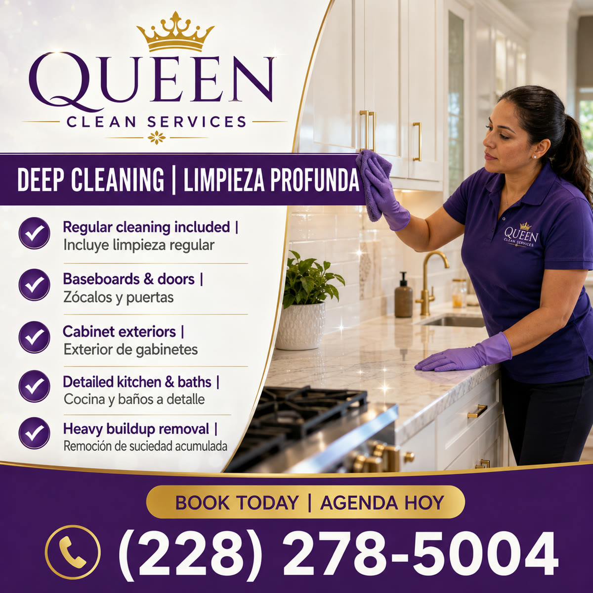 Queen Clean Services deep cleaning checklist in English and Spanish: baseboards and doors, cabinet exteriors, detailed kitchen and baths, heavy buildup removal