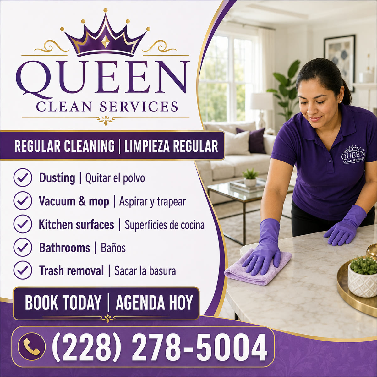 Queen Clean Services regular cleaning checklist in English and Spanish: dusting, vacuum and mop, kitchen surfaces, bathrooms, trash removal